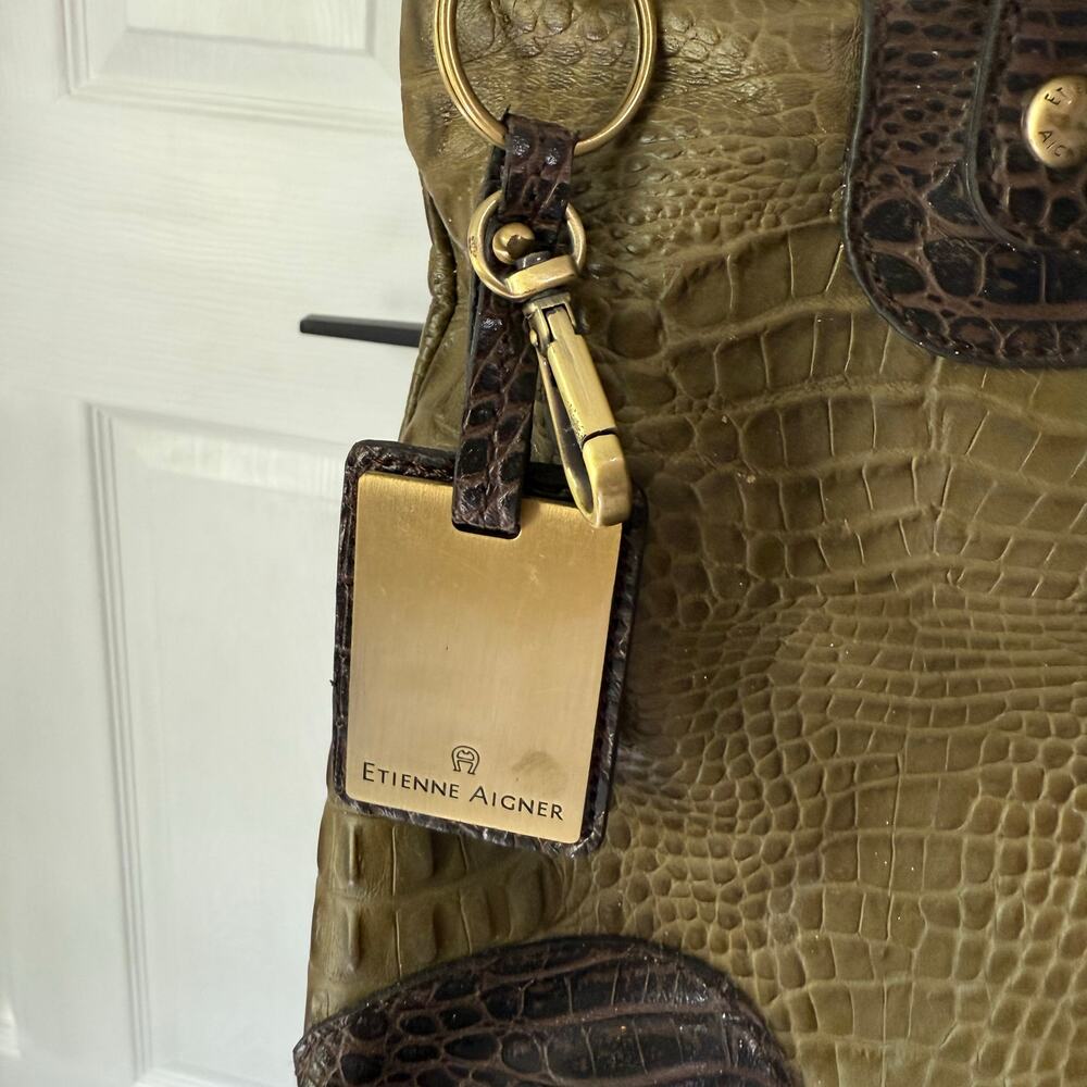 Etienne Aigner Women's Olive Green Croc Embossed Leather Tote Bag - Picture 10 of 16